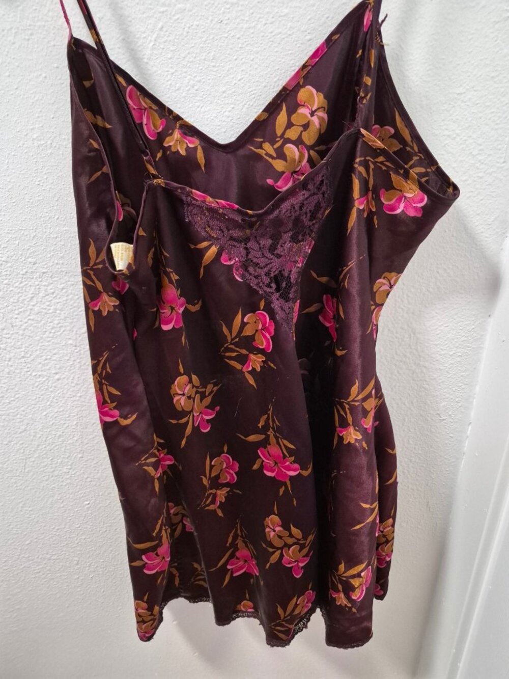 Victorias Secret Floral Satin Chemise Lace Panels Purple Pink Gold Womens Size L - Picture 4 of 5
